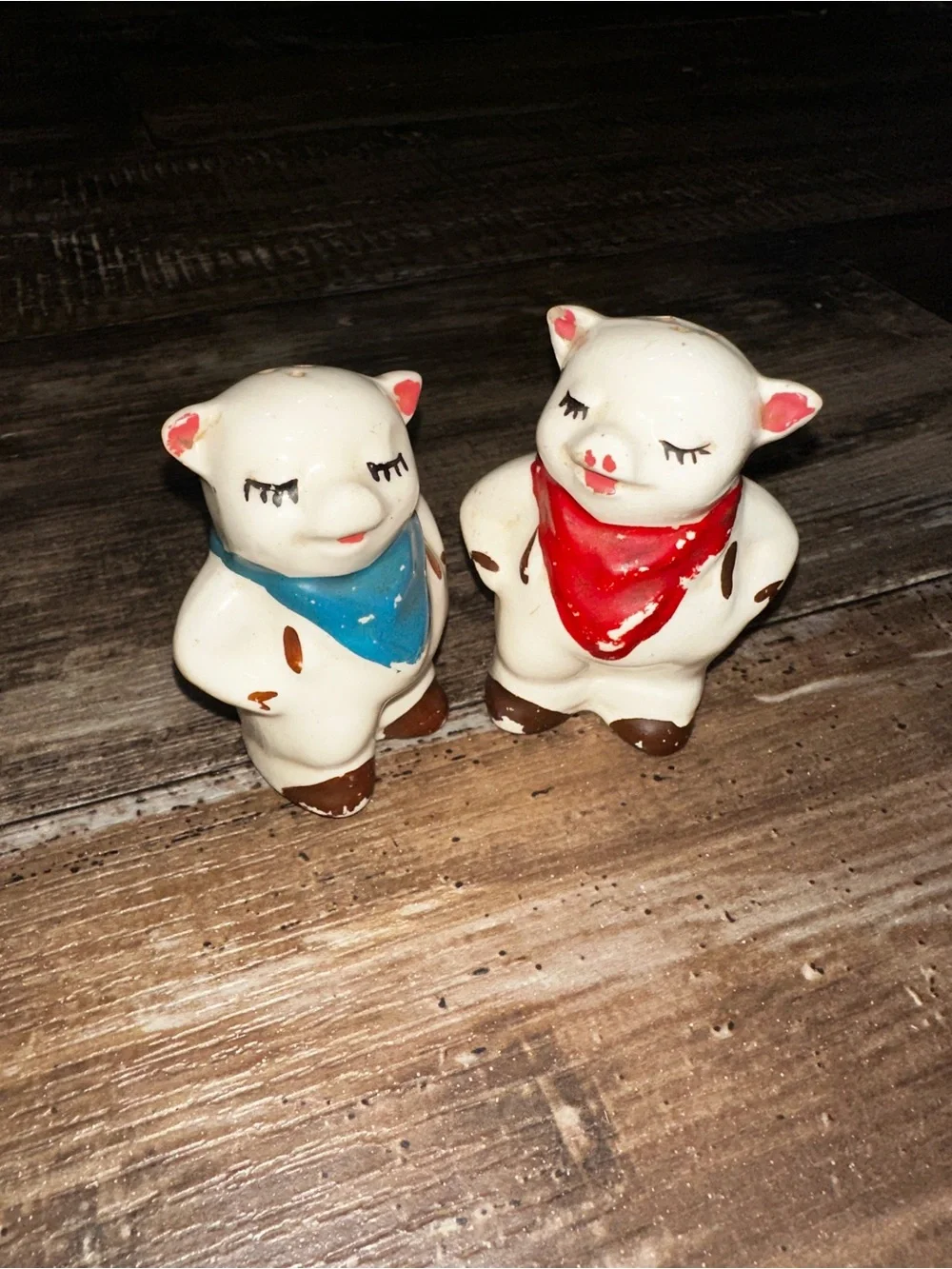 White Ceramic Pig Salt and Pepper Shaker Set with Red and Blue Bandanas